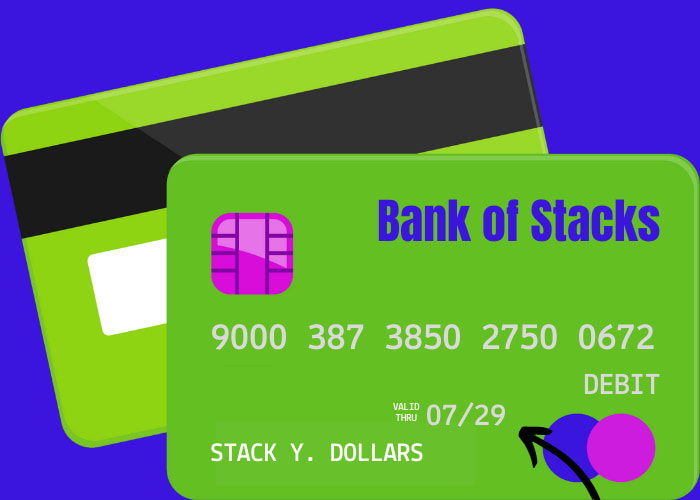 Cartoon debit card example of expiry date